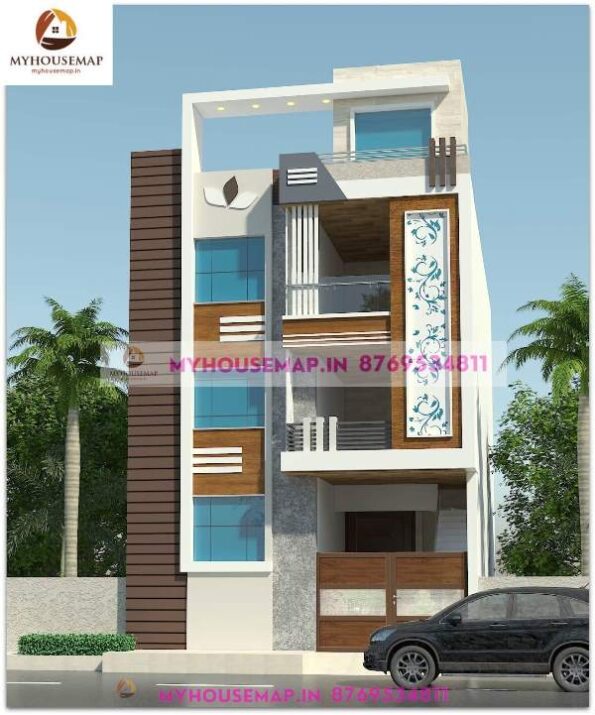 image of front elevation design for 3 floor building and best front section with white brown color theme