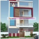 image of 3 storey elevation design and gray, dark red, creme color theme with perfect color combiantion