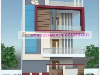 image of 3 storey elevation design and gray, dark red, creme color theme with perfect color combiantion