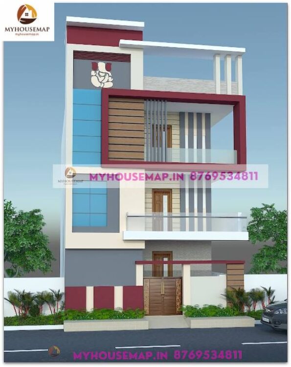 image of 3 storey elevation design and gray, dark red, creme color theme with perfect color combiantion