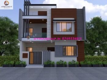 image of 2 floor modern elevation design white grey colors and wooden tiles front balcony