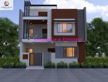 image of 2 floor modern elevation design white grey colors and wooden tiles front balcony