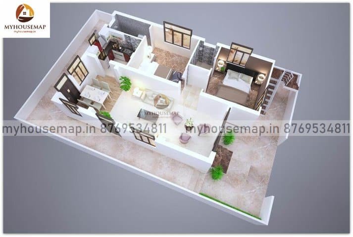 2 BHK House Plan 3D