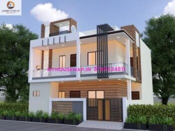 image of beautiful house front design and white, brown color theme with 2 floors