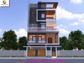 image of 3d elevation front four floor and white, gray theme building with front design