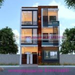 image of triple floor 3d home design front elevation and white, blue, gray color theme building