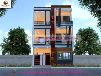 image of triple floor 3d home design front elevation and white, blue, gray color theme building