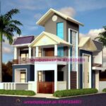 image of traditional house elevation design and gray, white, blue, purple color theme