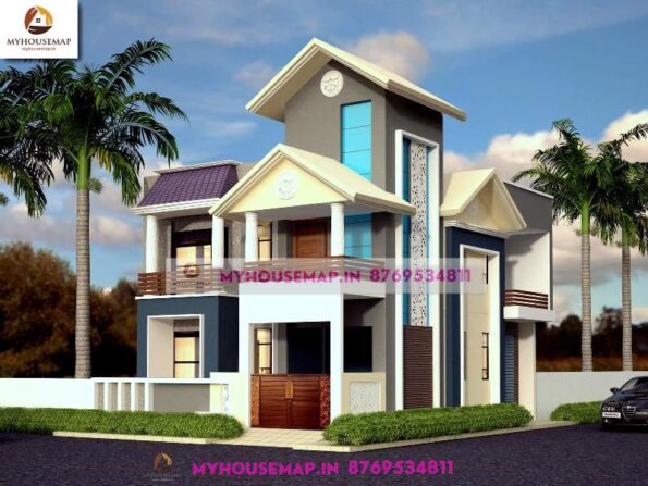 image of traditional house elevation design and gray, white, blue, purple color theme