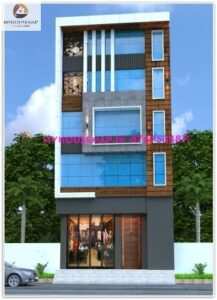 image of new front elevation commercial design and gray, white color acp, wooden tiles.