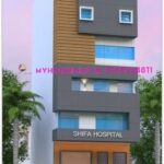 image of hospital front elevation design in acp sheet and white, gray acp with modern design