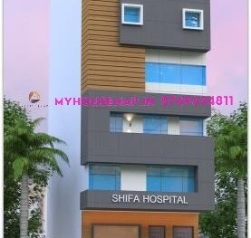 image of hospital front elevation design in acp sheet and white, gray acp with modern design