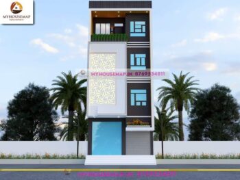 image of g+3 commercial building front design and white, brown, gray color theme with modern front