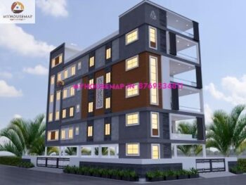 image of front elevation 5 floor modern design and white, gray color theme with corner building