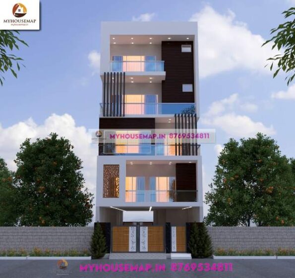 image of 3d exterior elevation multi story and white, brown color theme with modern design