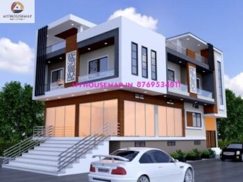 image of g+1 commercial cum residential building and white and gray color theme with modern house