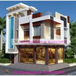 image of house with shop corner elevation design and best front look with white and brown color theme