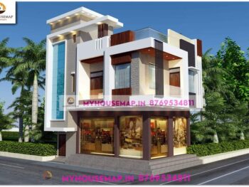 image of house with shop corner elevation design and best front look with white and brown color theme