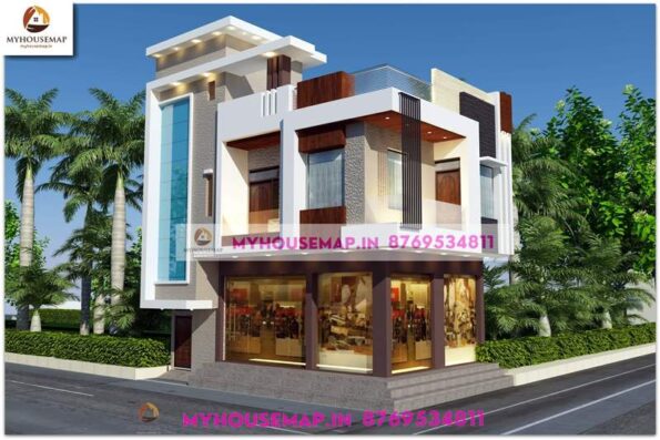 image of house with shop corner elevation design and best front look with white and brown color theme