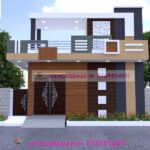 image of simple elevation design single floor and gray theme house with wooden tiles