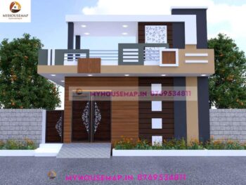 image of simple elevation design single floor and gray theme house with wooden tiles