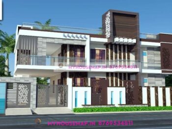 image of double story 3d design front elevation and white, gray and brown theme.