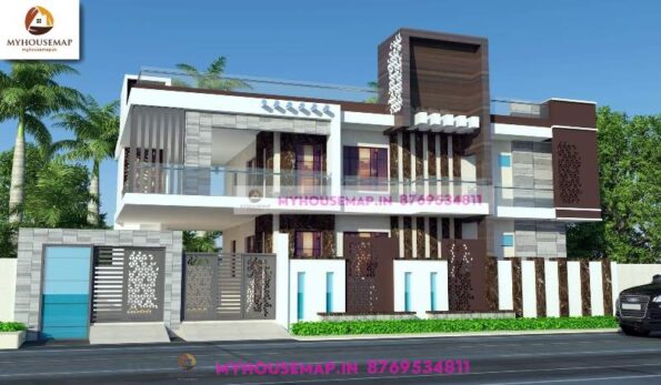 image of double story 3d design front elevation and white, gray and brown theme.