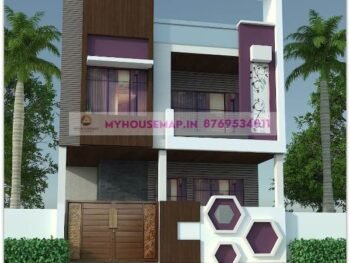 image of double storey building elevation and white, purple color theme with modern house