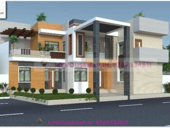 image of duplex elevation designers and white and gray color theme with wooden tiles