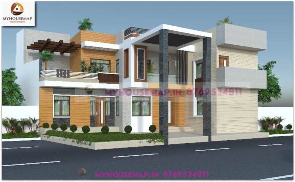 image of duplex elevation designers and white and gray color theme with wooden tiles