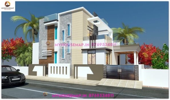 image of 2 floor front elevation tiles design for home and simple and low cost front design