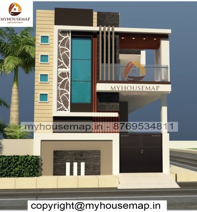 3d home front elevation with two wheeler parking and CNC design