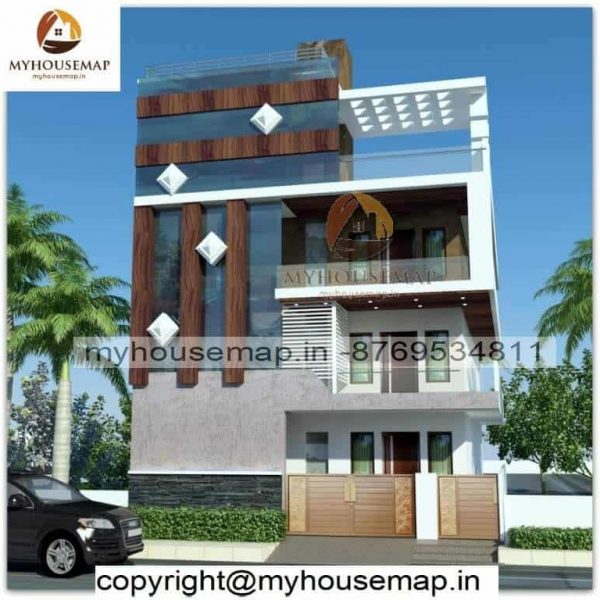 Front elevation 3 floor design with parking and black color tiles