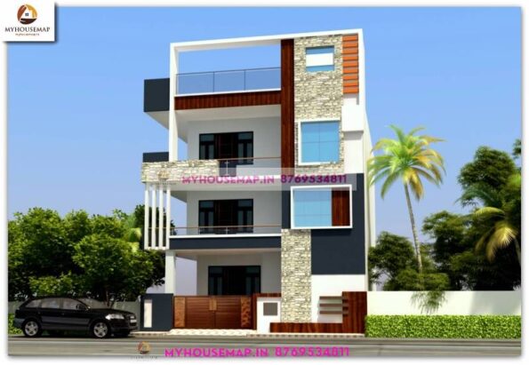 image of three floor house front exterior design and white, gray and brown color theme with perfect color theme