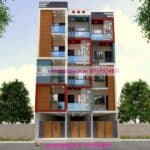 image of 5 floor building modern elevation and white, blue theme with small design