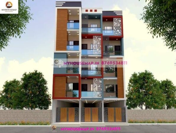 image of 5 floor building modern elevation and white, blue theme with small design