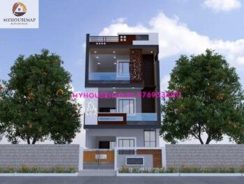 image of Triple floor building elevation front and white, gray, brown color theme with modern front