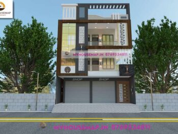 image of commercial cum residential g+2 elevation and white, brown color theme with 2 shop in ground floor