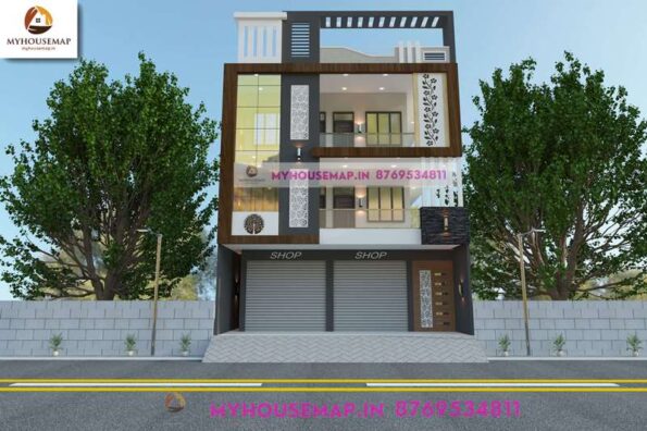 image of commercial cum residential g+2 elevation and white, brown color theme with 2 shop in ground floor