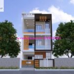 image of building elevation 3 floors and white, brown, yellow color theme with modern home