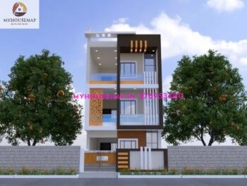 image of building elevation 3 floors and white, brown, yellow color theme with modern home