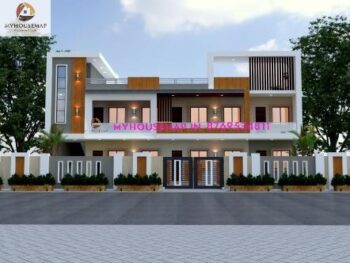 image of g+1 house front design and used wooden tiles with perfect colors