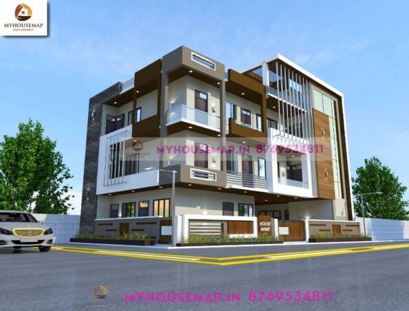 image of g+2 new house front elevation and white, brown color, with corner house