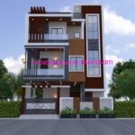 image of three story 3d front elevation of house and white, gray, brown color theme