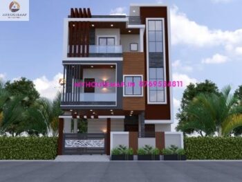 image of three story 3d front elevation of house and white, gray, brown color theme