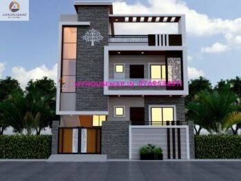 image of double floor house front design 3d and white, light gray color theme