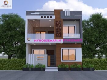 image of 2 floor house elevation design and gray white color theme with simple house