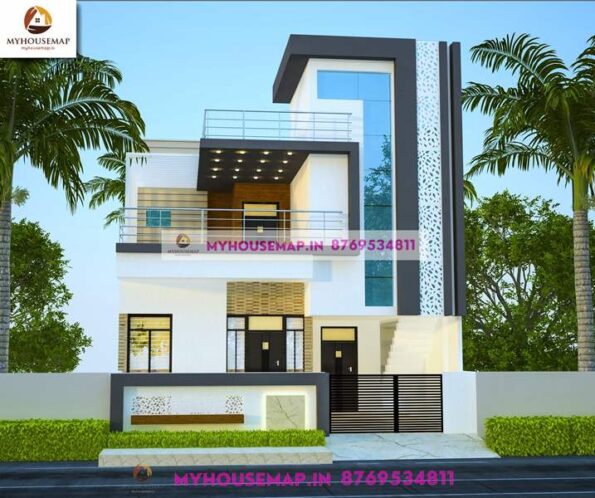 image of double floor house elevation design and beautiful front with perfect color combination