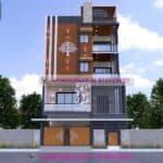 image of 3d home front design four floor and white, gray theme with wooden tiles