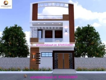 image of simple front elevation 2 floors and white, brown, creme color theme